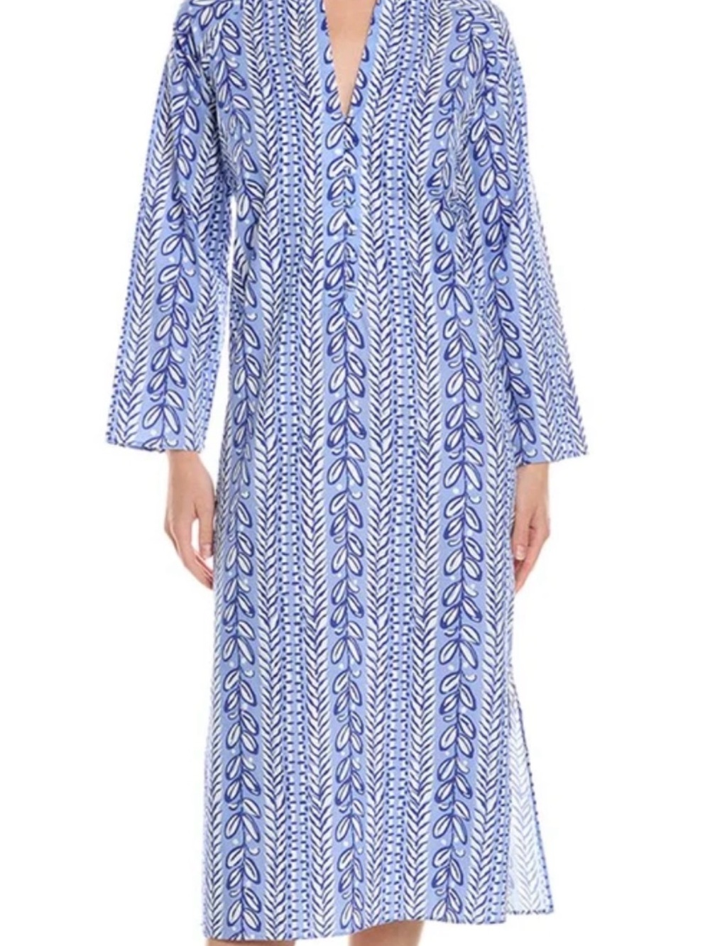EUC Sail to Sable Blue and White Vertical Leaf-Print Midi Caftan Dress XXL